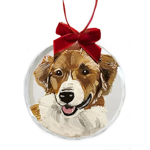 This is a multicolorassorted-colors holiday decorations by AlisonJerry called custom, personalized , hand painted, dog/ cat round glass ornament w/red bow in standard