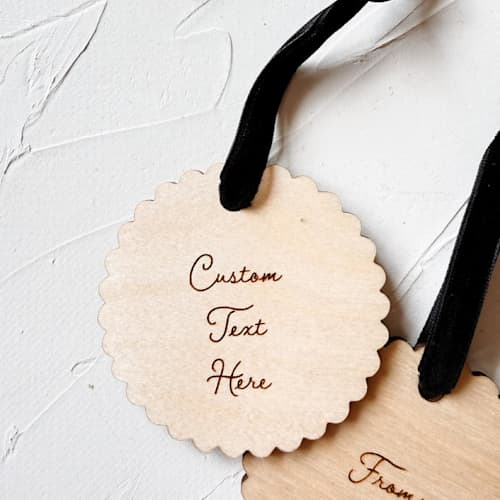 This is a beige holiday decorations by Left Grain called personalized scalloped wooden ornament in standard