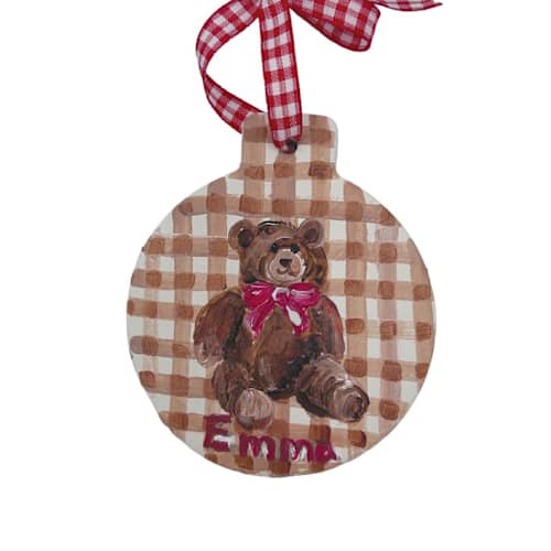 This is a red holiday decorations by Sarah Hall called teddy bear personalized ornament in standard