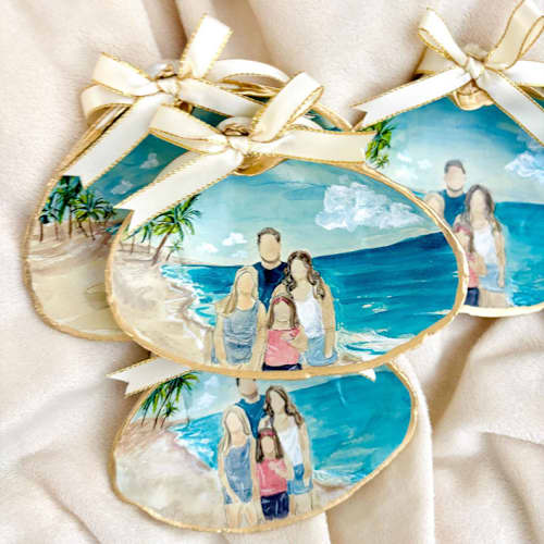 This is a multicolor holiday decorations by Laura Kinsella called custom family watercolor portrait seashell ornament in standard