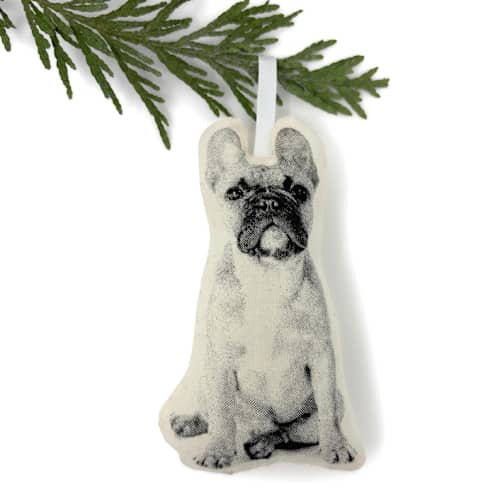 This is a beige holiday decorations by Broderpress called silkscreen french bulldog ornament in standard