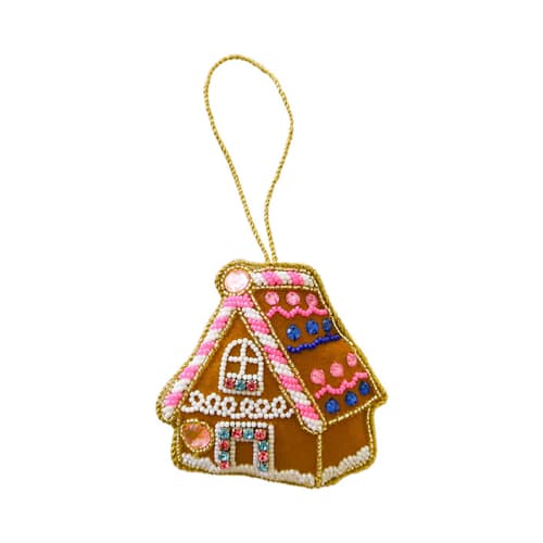 This is a brown holiday decorations by Jollity and Co called gingerbread house beaded christmas ornament in standard