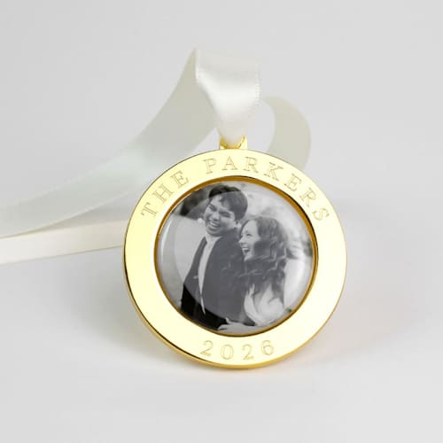This is a gold holiday decorations by Kimbra Designs called custom engraved round ornament in standard
