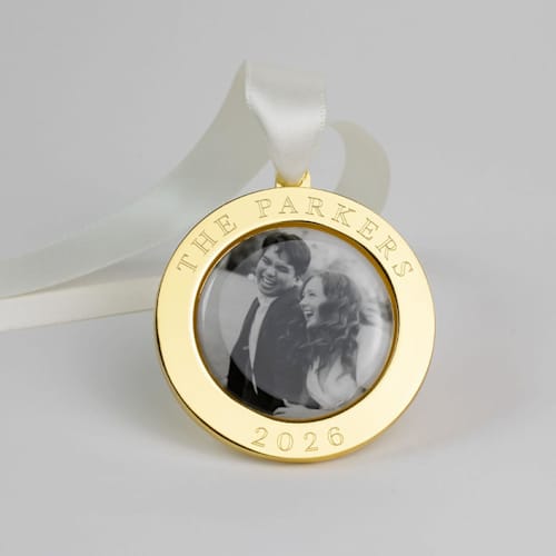This is a gold holiday decorations by Kimbra Designs called custom engraved round ornament in standard