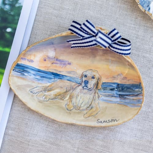 This is a multicolor holiday decorations by Laura Kinsella called custom pet portrait seashell ornament in standard