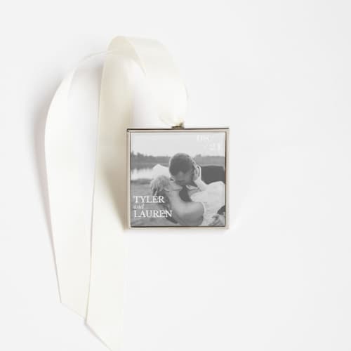 This is a silver holiday decorations by Kimbra Designs called modern name and date square ornament silver in standard