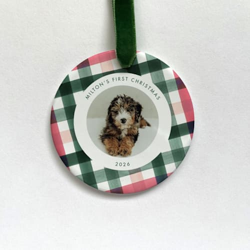 This is a multicolorassorted-colors holiday decorations by Holly Whitcomb called custom ceramic photo ornament: milton plaid in standard