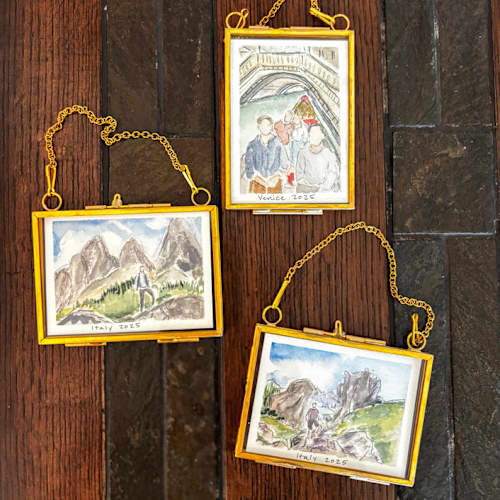 This is a multicolor holiday decorations by Laura Kinsella called custom mini gold-framed portrait in standard