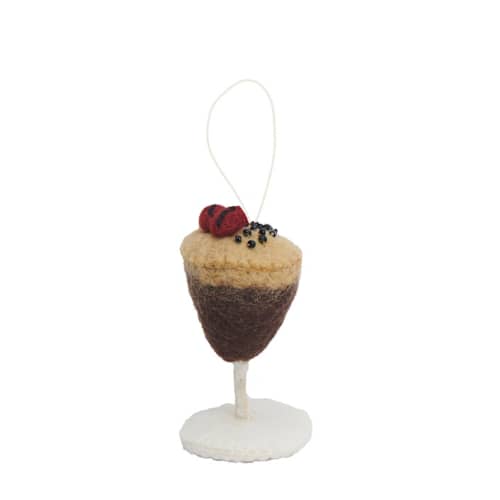 This is a brown holiday decorations by Global Goods Partners called felt cocktail ornaments-espresso martini in standard