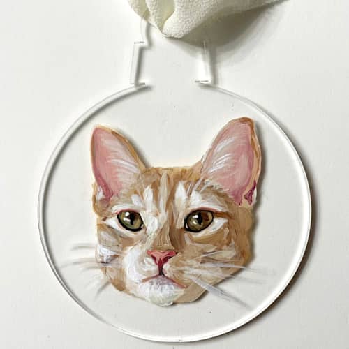 This is a multicolor holiday decorations by The Pink Parakeet called custom pet portrait ornament, 3x3in. round, painting commission in standard