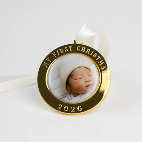 This is a gold holiday decorations by Kimbra Designs called 2026 custom photo ornament my first christmas in standard
