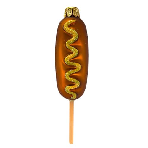This is a brown holiday decorations by Pinnacle Peak Trading Company called corn dog food polish mouth blown glass christmas ornament in standard