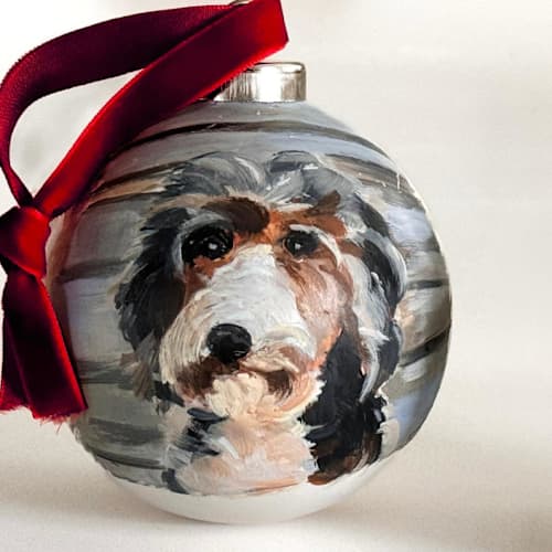 This is a white holiday decorations by Arohika Verma called personalized pet dog portrait ornament in standard