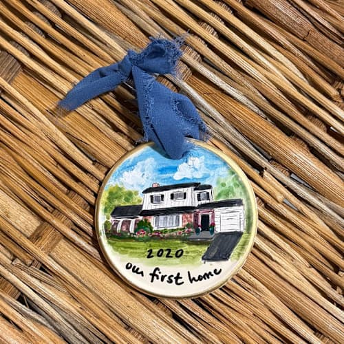 This is a multicolor holiday decorations by Laura Kinsella called custom flat ceramic portrait ornament in standard