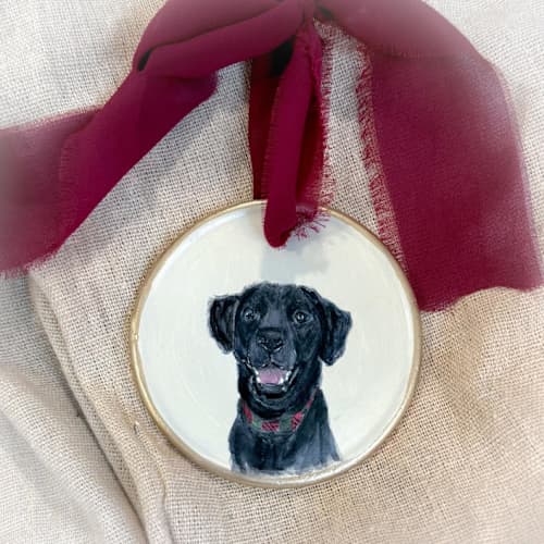 This is a multicolor holiday decorations by Laura Kinsella called custom flat ceramic portrait ornament in standard