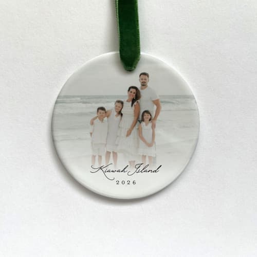 This is a white holiday decorations by Holly Whitcomb called personalized vacation photo ornament in standard