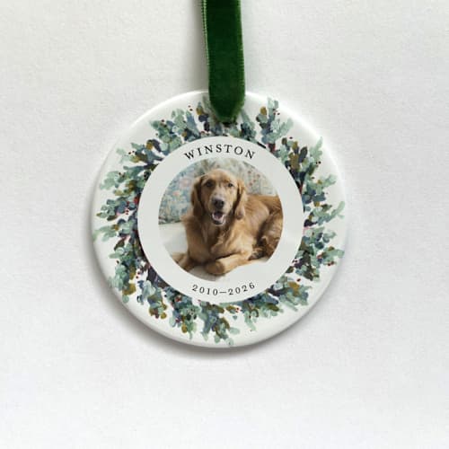 This is a white holiday decorations by Holly Whitcomb called personalized pet photo ornament, painted wreath in standard