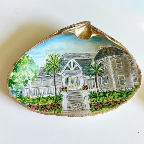 This is a multicolor holiday decorations by Laura Kinsella called custom house portrait seashell ornament in standard
