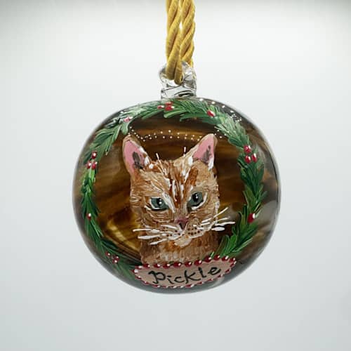 This is a brown holiday decorations by Ashley Myers called tortoiseshell blown glass custom painted pet ornament in standard