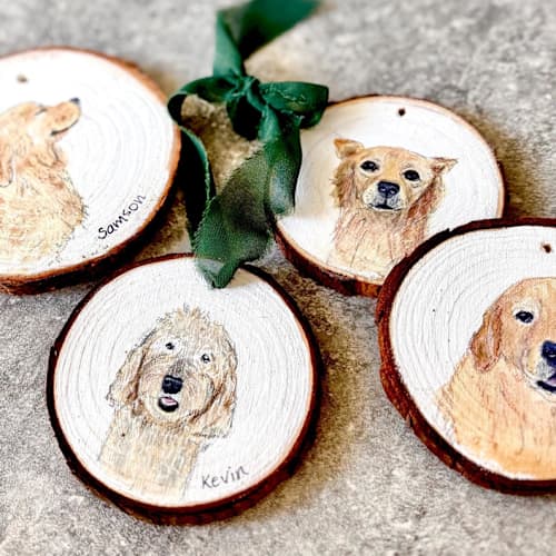 This is a multicolor holiday decorations by Laura Kinsella called custom birch wood pet portrait ornament in standard