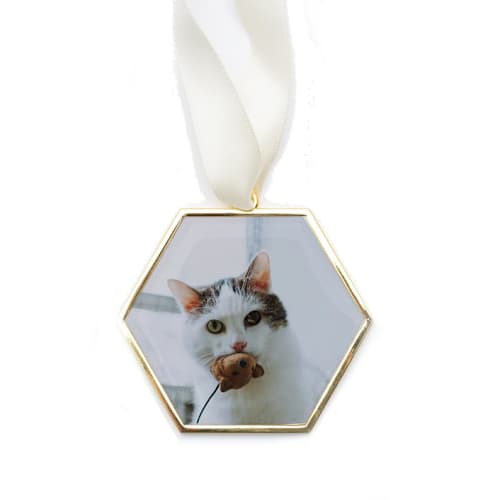 This is a gold holiday decorations by Kimbra Designs called custom hexagon ornament gold in standard