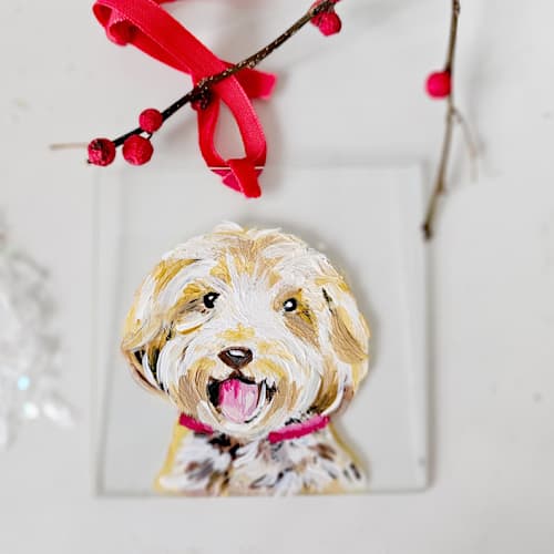 This is a multicolorassorted-colors holiday decorations by AlisonJerry called custom dog portrait, hand painted on a 3" glass, square ornament in standard