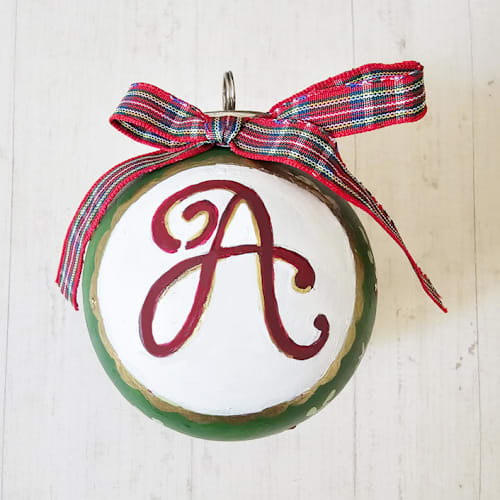 This is a multicolor holiday decorations by AlisonJerry called custom, personalized, hand painted, green, red, or burgundy, ceramic ornament in standard