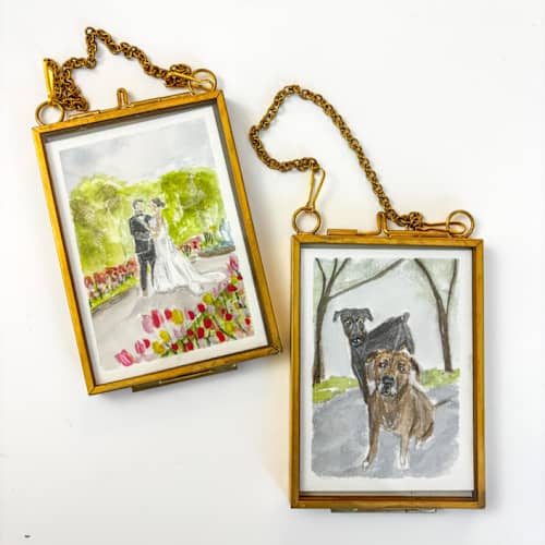 This is a multicolor holiday decorations by Laura Kinsella called custom mini gold-framed pet portrait in standard