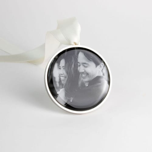 This is a silver holiday decorations by Kimbra Designs called 2026 custom photo ornament silver round in standard