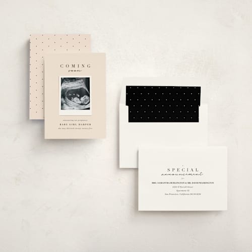 This is a peach pregnancy announcements with standard by Lori Wemple called coming soon snap printing on signature in standard