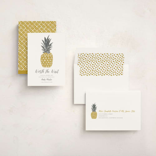 This is a pineapple pregnancy announcements with standard by Beth Schneider called guilded pineapples printing on signature in standard