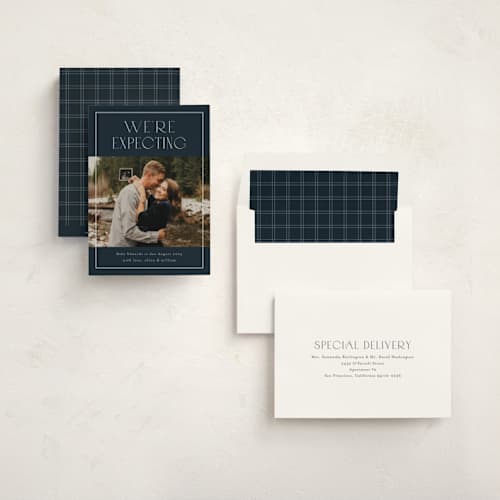 This is a navy pregnancy announcements with standard by Stacey Meacham called eternity printing on signature in standard