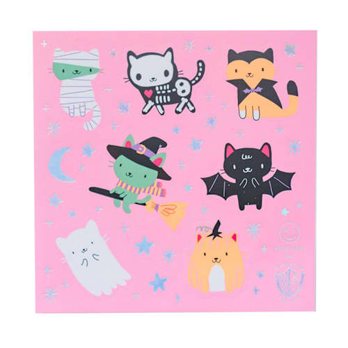 This is a pink party favors by Jollity and Co called meowloween stickers - set of 4 in standard