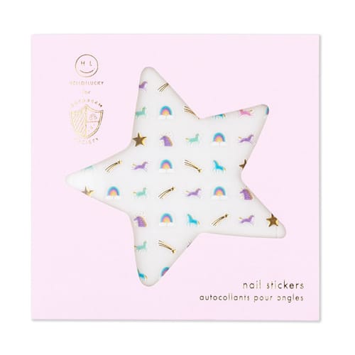 This is a multicolor party favors by Jollity and Co called unicorn + rainbows nail stickers - set of 1 sheet, 100 nail stickers in standard