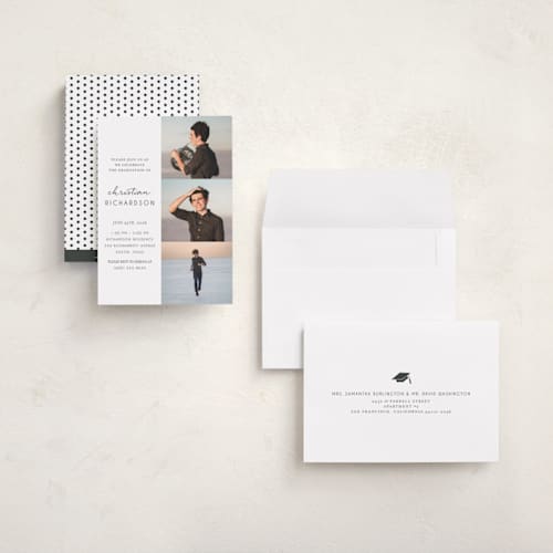 This is a snow graduation invitations with standard by Deynaaz Daraei called patchwork printing on recycled smooth signature in grand