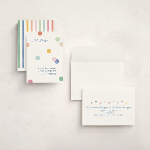 This is a rainbow graduation invitations with standard by Creo Study called confetti party printing on signature in grand