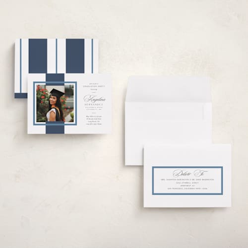 This is a navy graduation invitations with standard by Owl and Toad called preppy frame printing on recycled smooth signature in grand