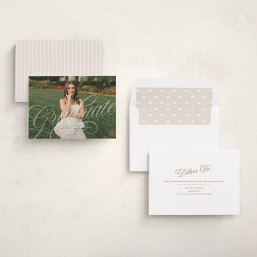 This is a pearl graduation announcements with standard by Paper Raven Co. called savannah script printing on recycled smooth signature in standard