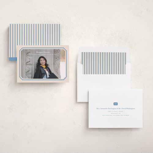This is a robins egg graduation announcements with standard by Carolyn MacLaren called angled frame printing on recycled smooth signature in standard