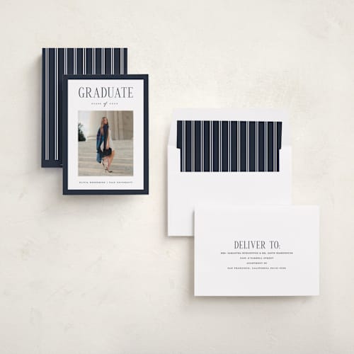 This is a navy graduation announcements with standard by Christy Hy Lee called classic layout printing on recycled smooth signature in standard