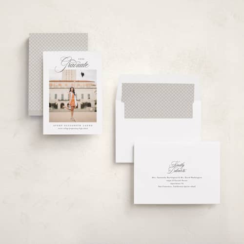 This is a swan graduation announcements with standard by Jennifer Postorino called classical grad printing on recycled smooth signature in standard