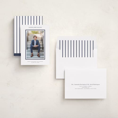 This is a navy graduation announcements with standard by Jennifer Wick called collegiate line printing on recycled smooth signature in standard