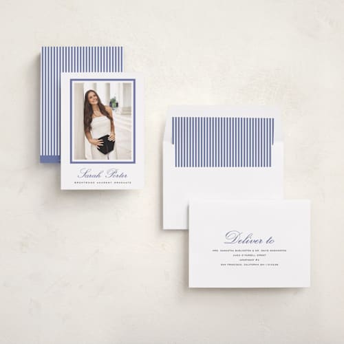 This is a indigo graduation announcements with standard by Sara Hicks Malone called longwood printing on recycled smooth signature in standard