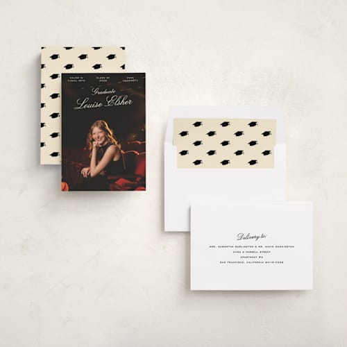 This is a champagne graduation announcements with standard by Pati Cascino called teather printing on recycled smooth signature in standard