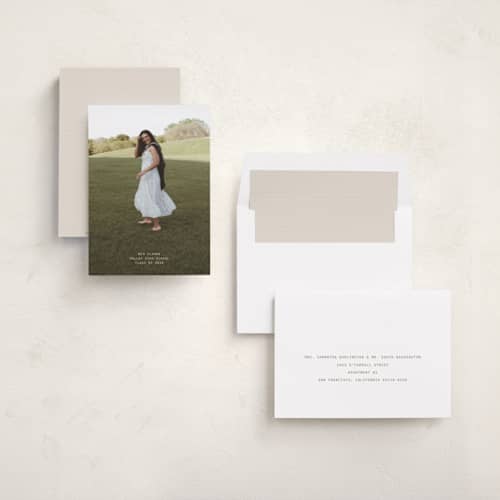 This is a cream graduation announcements with standard by JoAnn Jinks called titled printing on recycled smooth signature in standard