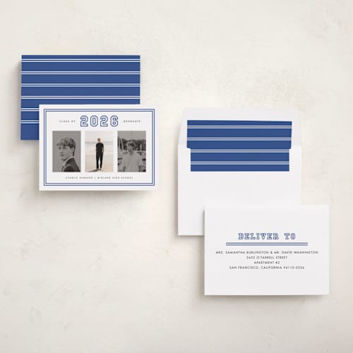 This is a royal graduation announcements with standard by Stacey Meacham called letterman printing on recycled smooth signature in standard