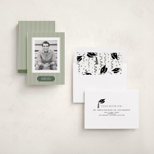 This is a pine graduation announcements with standard by Sherley Ferreira called stripes of success printing on recycled smooth signature in standard