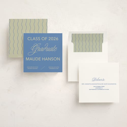 This is a denim graduation announcements with standard by Inkblot Design called new style printing on signature in standard