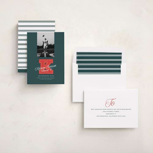 This is a forest graduation announcements with standard by Leia Matt called varsity initial printing on recycled smooth signature in standard