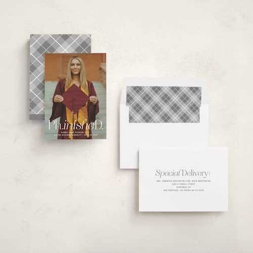 This is a cloud graduation announcements with standard by Heather Schertzer called ph.inished. printing on recycled smooth signature in standard